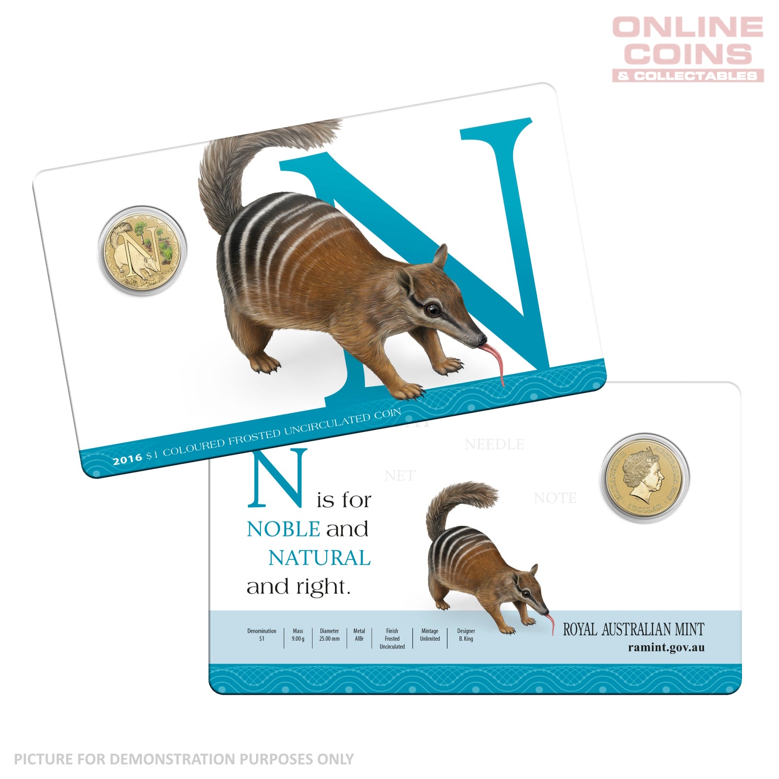 2016 $1 Coloured Alphabet Frosted Coin In Card - N for Numbat